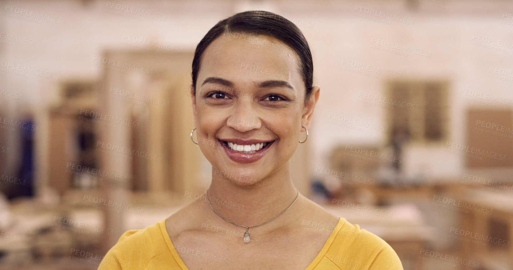 Buy stock photo Portrait, carpenter and woman in factory, woodwork and happiness for furniture industry. Business, entrepreneur or person in workspace, smile or pride for manufacturing company or mission for startup