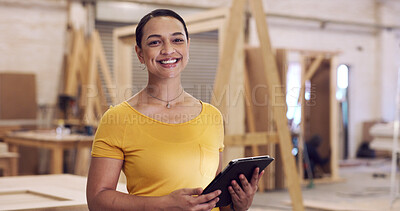 Buy stock photo Carpenter, tablet or woman in workshop, portrait or planning for manufacturing process. Inventory order, smile or person in factory, tech or email for design project, internet or furniture production