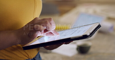 Buy stock photo Hands, typing and woman in workplace, internet for online order and manufacturing. Closeup, person and entrepreneur in factory, connection and tech for website info, scroll and email for inventory