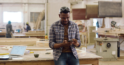 Buy stock photo Carpenter, cellphone and man in workshop, reading and digital app for online chatting. Inventory order, internet or person in factory, smartphone and email for design project and message to contact