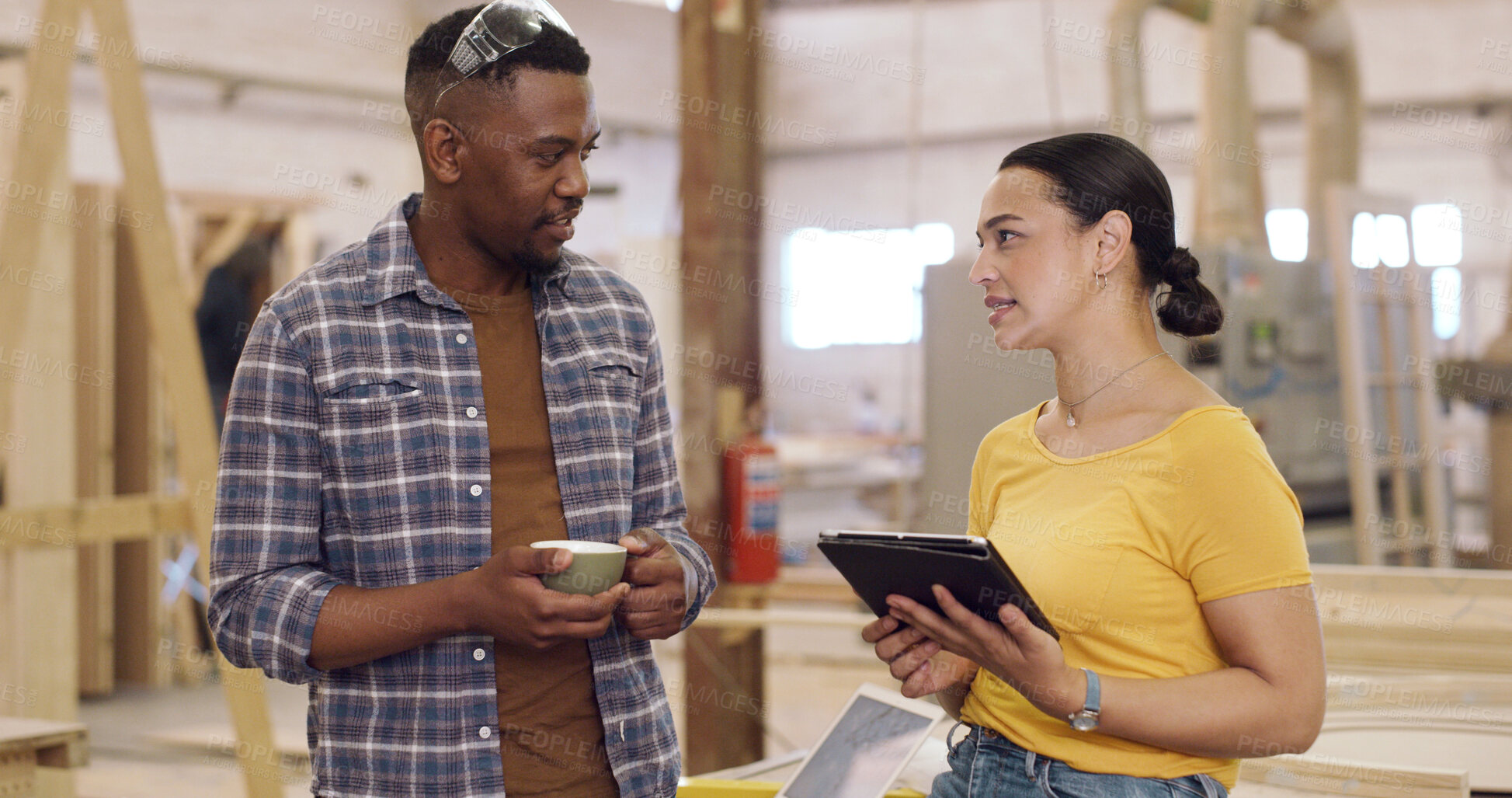 Buy stock photo Carpentry, discussion and people with tablet in workshop, project timeline and material cost for craft. Talking, tech or carpenter with client for woodwork planning, manufacturing and production idea