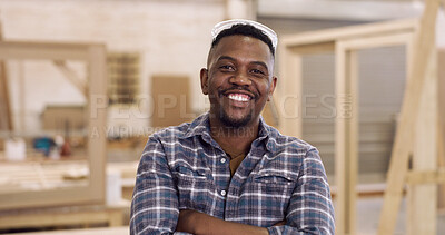 Buy stock photo Portrait, carpenter and black man in warehouse, arms crossed and manufacturing project. Small business, entrepreneur and person in factory, smile and pride for furniture industry, tools and woodwork