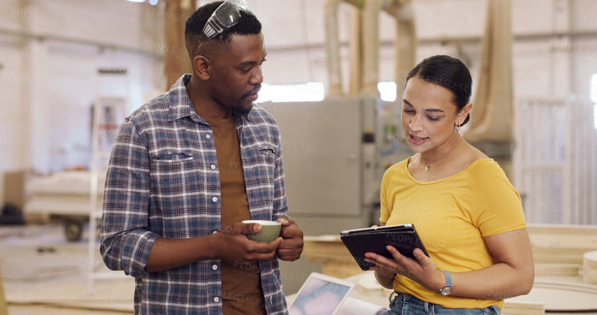 Buy stock photo Carpenter, tablet and people in workshop, talking and email for inventory order, internet and advice. Feedback, man and woman in factory, tech and app for manufacturing schedule and design project