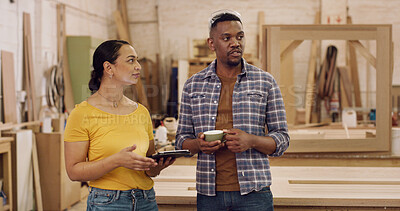 Buy stock photo Carpenter, discussion and people with tablet in workshop, project timeline or material cost for craft. Talking, tech or woodwork with client for manufacturing planning, restoration or production idea