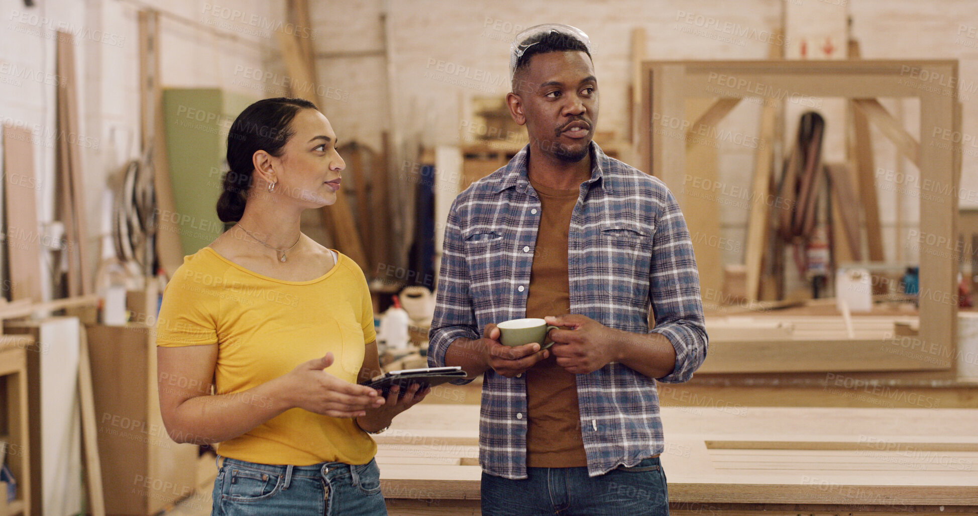 Buy stock photo Carpenter, discussion and people with tablet in workshop, project timeline or material cost for craft. Talking, tech or woodwork with client for manufacturing planning, restoration or production idea