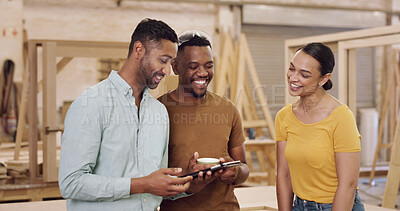 Buy stock photo Carpenter, tablet and people in workshop, conversation and email for inventory order, internet and feedback. Smile, men and woman in factory, tech and app for manufacturing schedule and cooperation