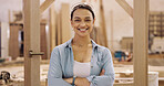 Portrait, carpenter and woman in workplace, arms crossed or happiness for furniture industry. Small business, entrepreneur or person in factory, smile or pride for manufacturing startup or confidence