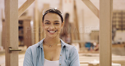 Buy stock photo Carpentry, portrait or woman in workshop with smile, pride and experience in manufacturing. Happy, woodwork or artisan in factory with confidence, about us and industrial career in New Zealand.
