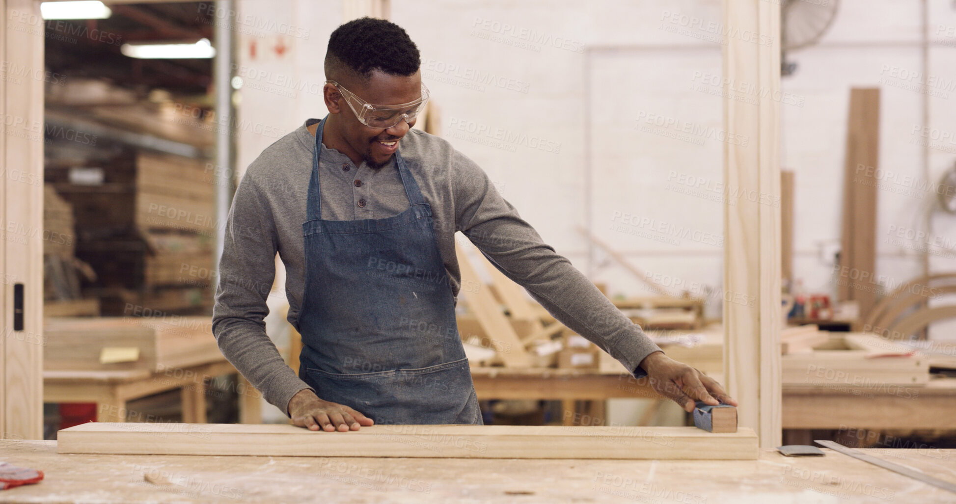 Buy stock photo Woodworking, planning and black man with measuring wood in workshop for furniture development with precision. Tools, timber and African male carpenter with plank for carpentry or handicraft project.