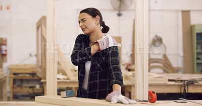 Buy stock photo Carpenter, shoulder pain or woman in workshop for woodworking, bad posture or overworked for injury. Muscle tension, carpentry or artisan with joint inflammation for furniture project, strain or ache