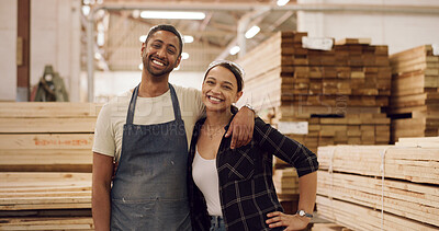 Buy stock photo Portrait, carpentry or people with smile in warehouse, furniture production or pride for craftsmanship. Teamwork, woodworking or artisan with confidence for manufacturing, diy or restoration service