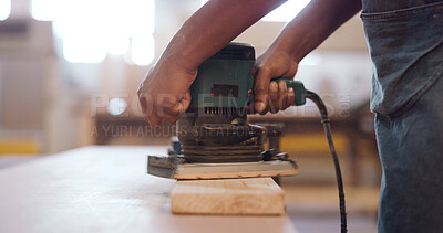 Buy stock photo Carpenter, hands and sanding machine in factory with woodwork project, furniture production and craft. Artisan, person and manufacturing with electric tools, carpentry equipment and gear for timber.