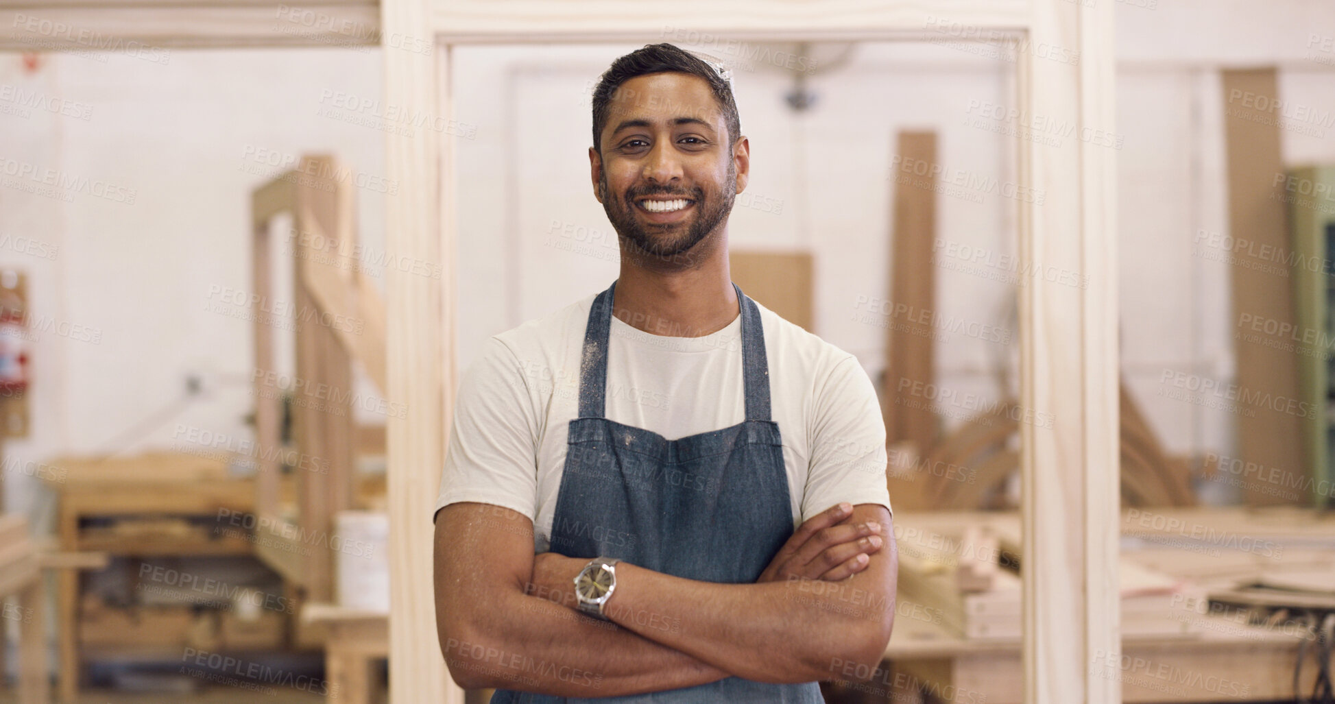 Buy stock photo Portrait, carpentry or man with arms crossed in workshop, furniture production or pride for craftsmanship. Smile, woodworking or artisan with confidence for manufacturing, diy or restoration service