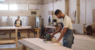 Buy stock photo Carpenter, man and sanding machine in workshop with woodwork project, furniture production and craft. Artisan, person and manufacturing with glasses, electric tools or carpentry equipment for timber.