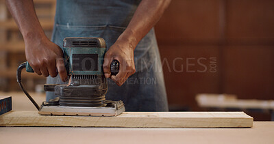 Buy stock photo Carpenter, hands and sanding machine in workshop with woodwork project, furniture production and craft. Artisan, person and manufacturing with electric tools, carpentry equipment and gear for timber.