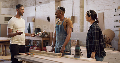 Buy stock photo Carpentry, clipboard and talking with team in factory for manufacturing or production process. Documents, planning and woodworking with carpenter people in lumber warehouse for discussion or meeting