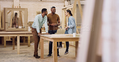 Buy stock photo Carpentry, laptop and talking with team in factory for manufacturing or production process. Computer, planning and woodworking with carpenter people in lumber warehouse for discussion or meeting