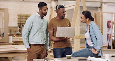 Buy stock photo Carpenter, laptop and people in meeting, talking and planning for inventory management. Manufacturing, men and woman in factory, cooperation or tech for production process or email for design project