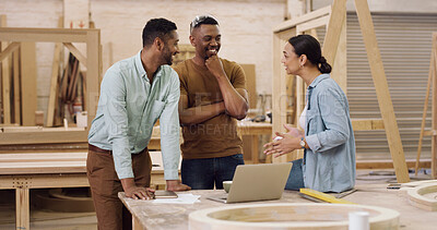 Buy stock photo Laptop, speaking and people with meeting for carpentry, production planning and project management. Talk, pc or woodworking team with manufacturing idea for furniture construction, smile or workshop