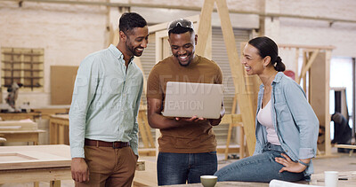 Buy stock photo Carpenter, laptop and happy people in workshop, talking or planning for inventory management. Funny, men or woman in meeting for conversation, smile or email for online order, pc or laughing together