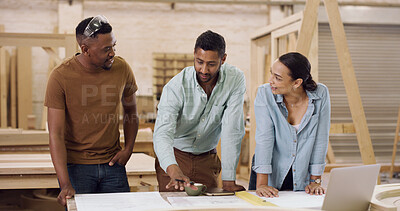Buy stock photo Blueprint, discussion and people with meeting for carpentry, production planning or project management. Talking, schematic or woodworking team with manufacturing idea for furniture, smile or workshop