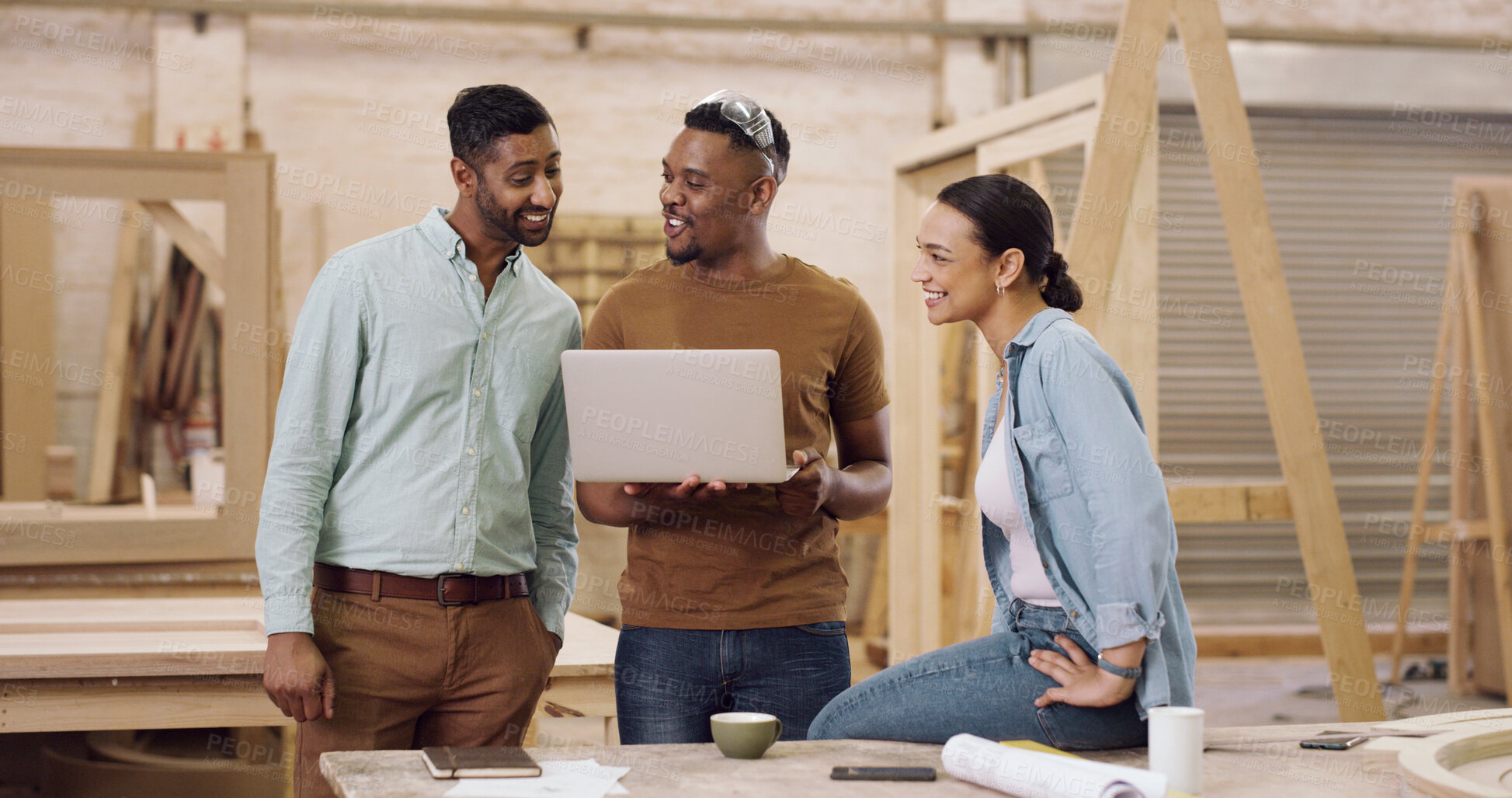 Buy stock photo Carpenter, laptop and people in workplace, talking and ideas for inventory management. Manufacturing, men and woman in meeting for conversation, support and tech for production process or cooperation