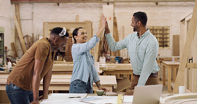Buy stock photo Carpentry, high five and success with team in factory for manufacturing or production process. Celebration, planning and woodworking with happy carpenter people in warehouse for discussion or meeting