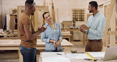 Buy stock photo Applause, carpentry and success with team in factory for manufacturing or production process. Congratulations, smile and woodworking with carpenter people clapping in warehouse for goals or target