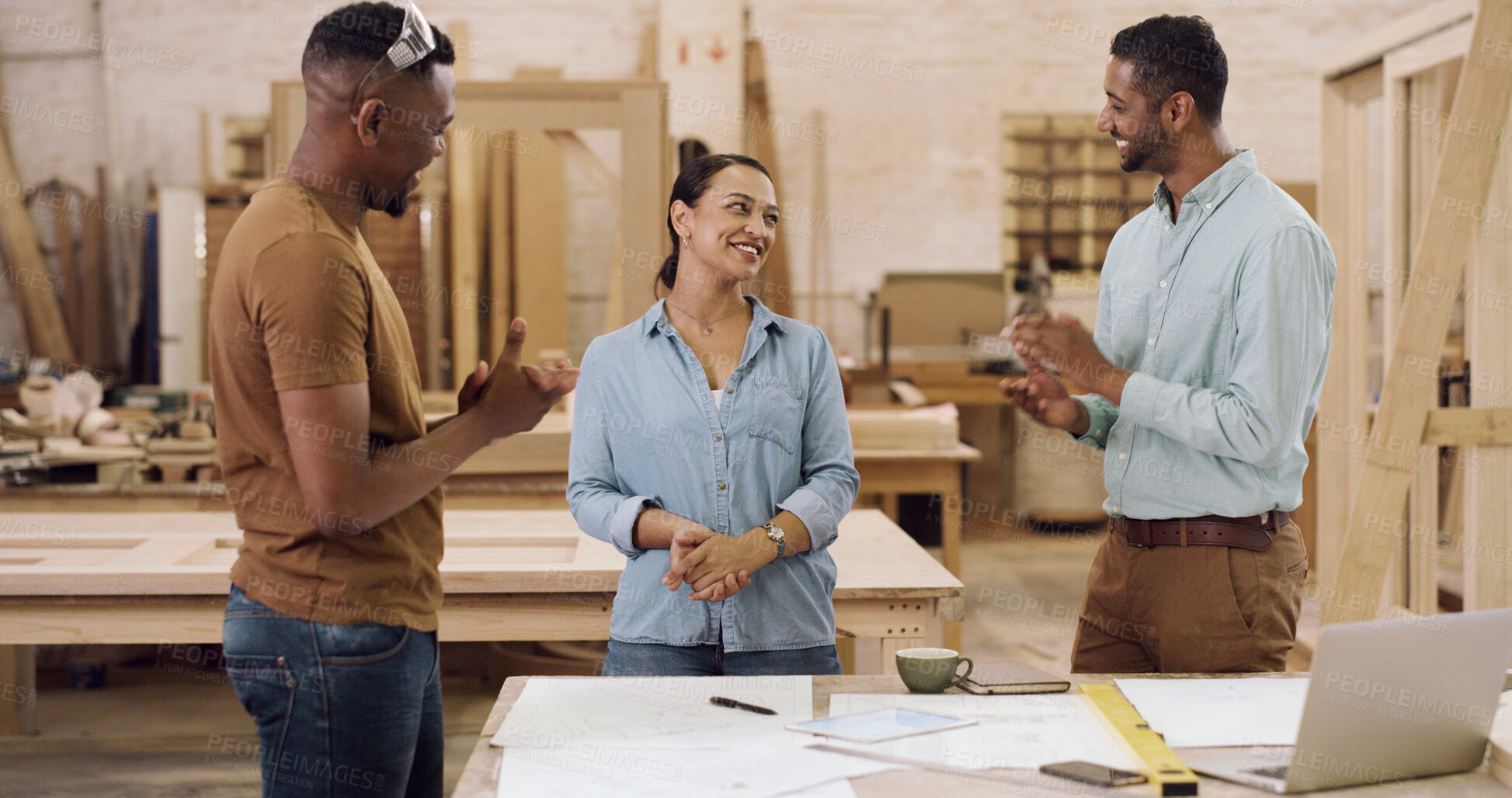 Buy stock photo Applause, carpentry and meeting with team in factory for manufacturing or production process. Smile, success and woodworking with carpenter people clapping in lumber warehouse for goals or target