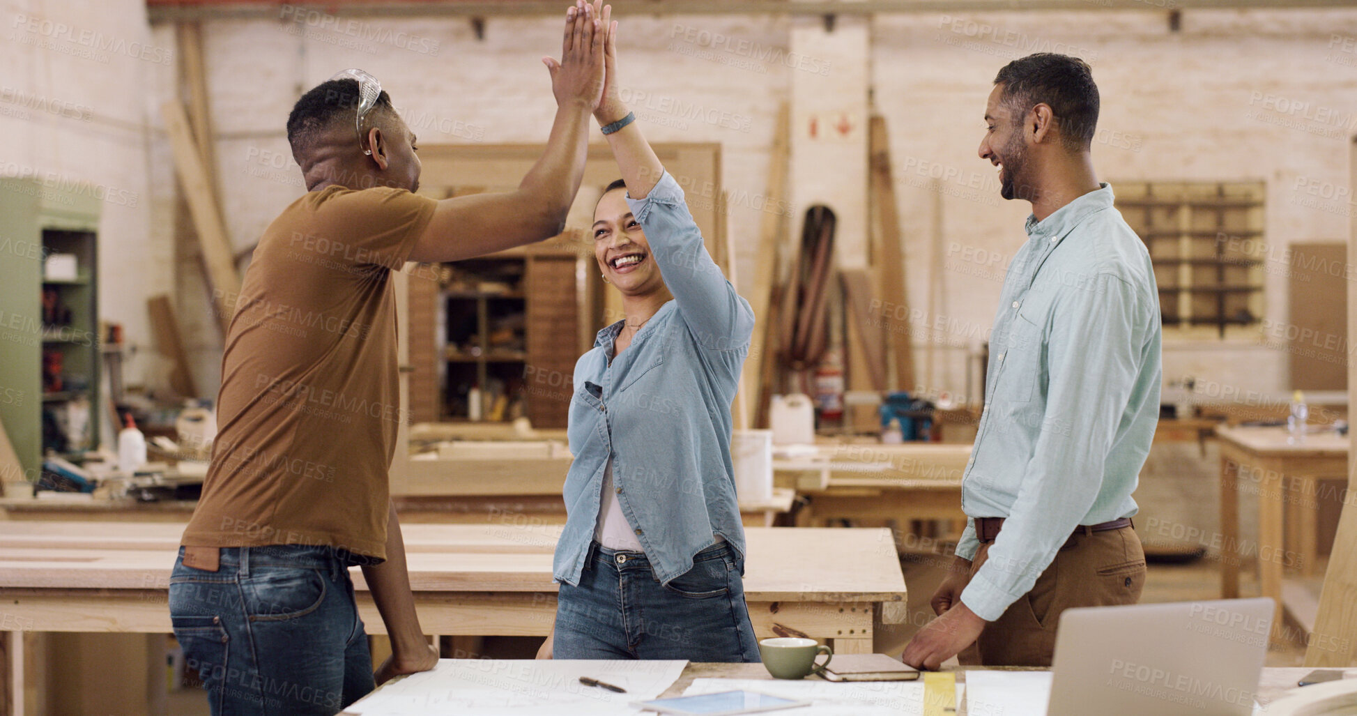 Buy stock photo Carpentry, high five and smile with team in factory for manufacturing or production process. Celebration, success and woodworking with carpenter people in lumber warehouse for goals or target