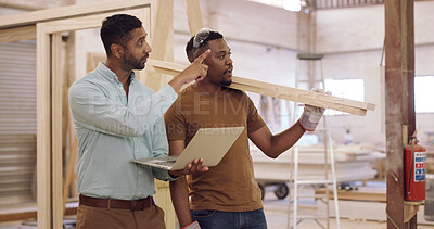 Buy stock photo Carpenter, laptop and men in workshop, talking and planning for inventory management. Advice, supervisor and people in meeting for conversation, tips and tech for production process and manufacturing
