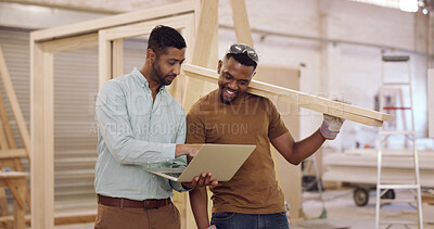 Buy stock photo Carpenter, laptop and men in workplace, discussion and cooperation for production process. Advice, timber and people in meeting, startup website info and tech for project schedule and manufacturing