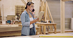 Carpenter, tablet and woman in workshop, phone call and communication for inventory order. Cellphone, furniture industry or person in factory, tech or email for design project and checklist for stock