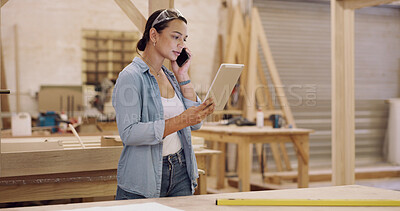 Buy stock photo Carpenter, tablet and woman in workshop, phone call and communication for inventory order. Cellphone, furniture industry or person in factory, tech or email for design project and checklist for stock