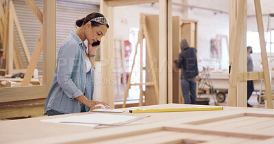 Buy stock photo Carpentry, woman and phone call in workshop with tablet, timber order or plan for woodwork company. Manufacturing, person and tech in factory with supplier contact, lumber stock or remodeling project