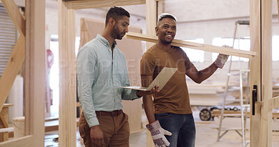 Buy stock photo Carpenter, laptop or men in workshop, internet or conversation for project deadline. Inventory order, manufacturing or people in factory, tech or email for material, discussion or production process