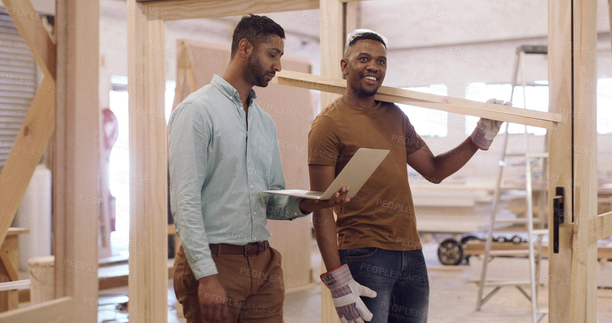 Buy stock photo Carpenter, laptop or men in workshop, internet or conversation for project deadline. Inventory order, manufacturing or people in factory, tech or email for material, discussion or production process