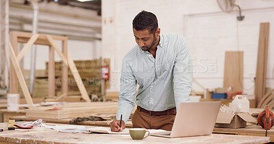 Buy stock photo Carpenter, notebook and man in workshop, writing and planning for project proposal. Furniture restoration, checklist or person in factory, manufacturing and lumber inventory for production process