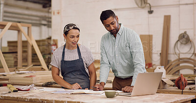 Buy stock photo Carpentry, laptop and people in workshop, discussion for production process and timber inventory. Furniture industry, man or woman in factory, pc or conversation for lumber manufacturing or planning