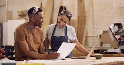 Buy stock photo Carpentry, documents and people in workshop, conversation for timber inventory and restoration. Man, woman and employees in factory, cooperation and report for manufacturing production and feedback