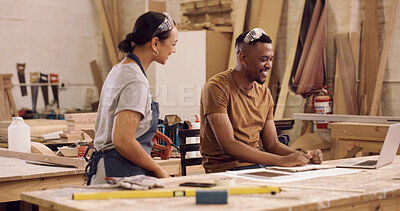 Buy stock photo Carpenter, laptop or people in workshop, reading or planning for production process. Inventory management, furniture startup or person in factory, pc or email for design idea, smile and manufacturing