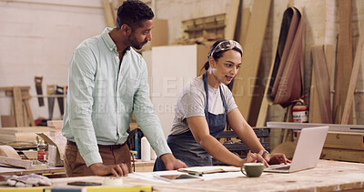 Buy stock photo Carpenter, laptop or people in workshop, cooperation or planning for production process. Inventory management, furniture industry or employees in factory, pc or email for design ideas or conversation