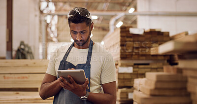 Buy stock photo Carpenter, tablet or man in workshop, reading or planning for production process. Inventory management, furniture industry or person in factory, tech or email for design idea, typing or manufacturing