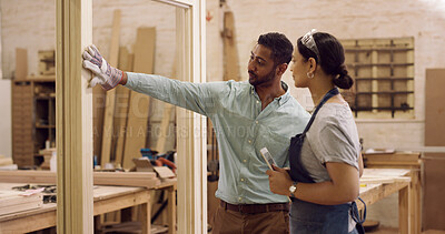 Buy stock photo Carpenter, woodwork and employees in factory, inspection for inventory and discussion. People, man and woman in workplace, cooperation and conversation for production material, review or timber stock