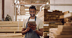 Carpenter, tablet and happy man in factory, reading and digital app for business review. Connection, furniture industry and person in workplace, tech and email for inventory order and manufacturing