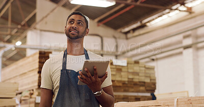 Buy stock photo Carpenter, tablet and man in workshop, thinking and planning for production process. Reflection, furniture industry and person in factory, tech and email for design project, choice and manufacturing