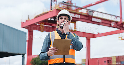 Buy stock photo Outdoor, logistics or man with radio for planning, import supervision or instructions for cargo transport. Talking, tech or manager in shipping yard for stock inspection, clipboard or supply chain