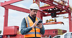 Construction site, reading or man with phone for inspection, infrastructure or building schedule update. Review, property timeline or contractor with development report on mobile, outdoor or feedback