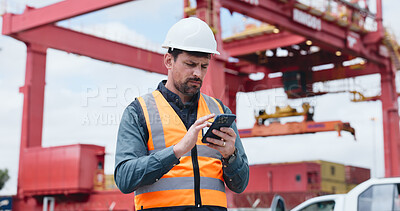 Buy stock photo Outdoor, logistics or man with phone for inspection, shipment delivery or inventory management system. Reading, transport receipt or worker with mobile for cargo update, distribution schedule or info
