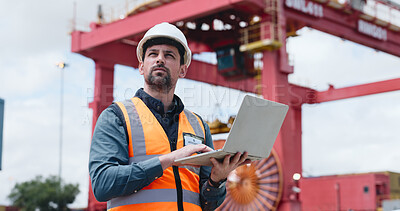 Buy stock photo Outdoor, logistics and man with laptop for inspection, shipment delivery or export management system. Shipping yard, evaluation or supervisor with cargo quality control, coordinate distribution or pc